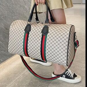 No. 6 Beige Monogram Travel Duffel with Green and Red Stripes